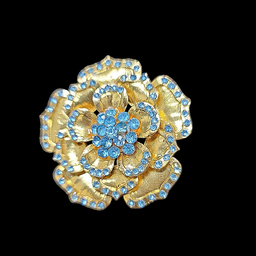 Vintage Goldtone Flower Brooch Pin with Blue Rhinestones 2" Diameter